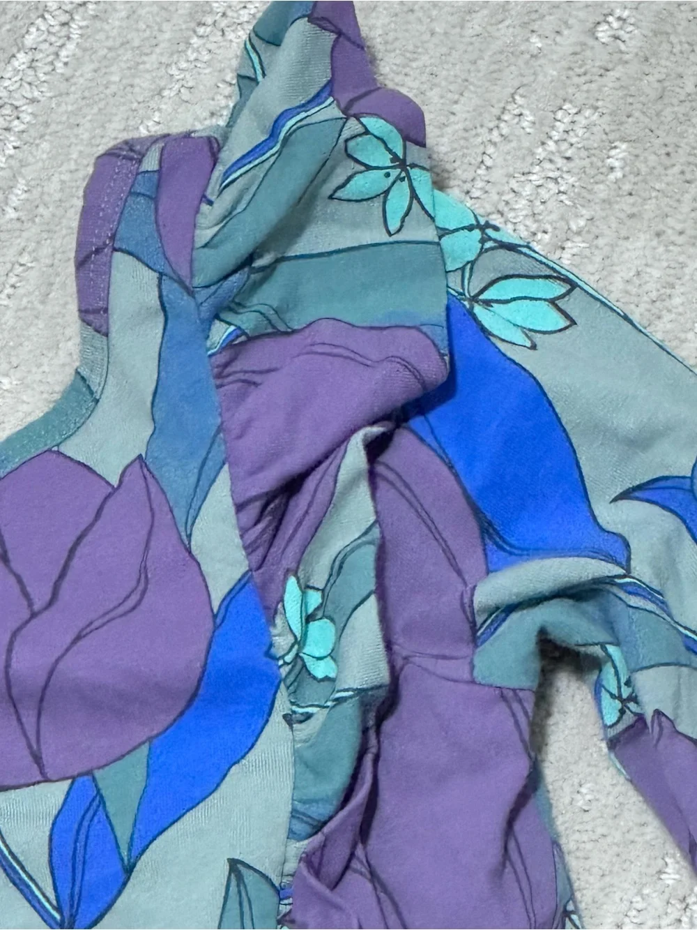 Tea size 6 purple and green floral retro print ruffle detail long sleeve dress